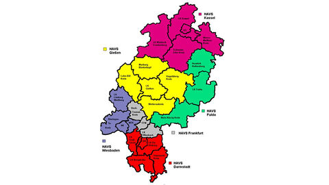 Landkarte Hessen mit den Zuständigkeiten der Hessischen Ämter für Versorgung und Soziales farblich markiert