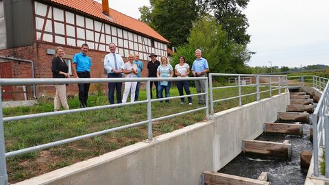 Mehrere Personen schauen sich den Fischaufstieg an der Schmaleicher Mühle an
