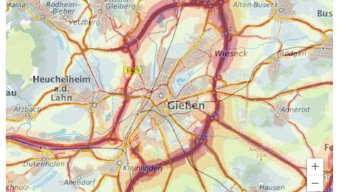 Karte aus dem Lärmaktionsplan, in der laute Straßen dunkelrot markiert sind