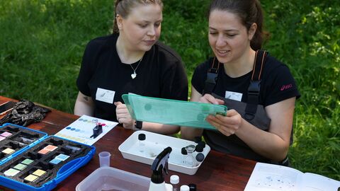 Gewässeruntersuchung Zwei Frauen mit einem Laborkasten, die die Wasserqualität untersuchen