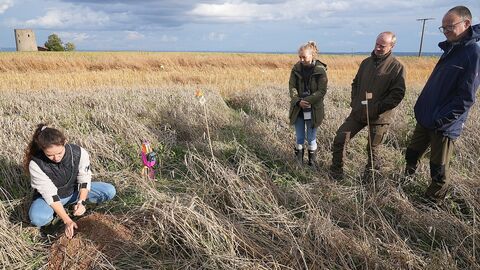 Julia Heinze sitzt vor einem Hamsterbau. Drei Personen schauen ihr zu und hören ihre Erklärungen.