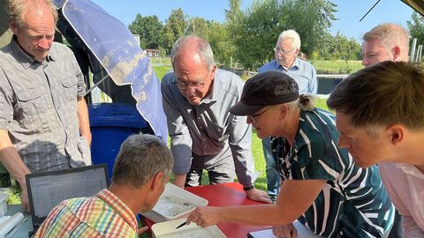 RP auf Sommertour Prof. Dr. Klaus Peter Ebke, Regierungspräsident Dr. Christoph Ullrich sowie die RP-Beschäftigten Judith Breidbach und Dr. Florian Peuckert schauen, welche Tiere sich in den Proben tummeln; Arten und Anzahl werden bestimmt.