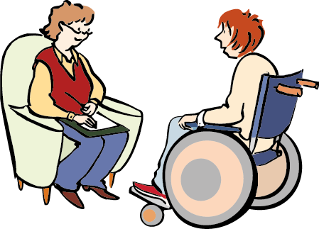 Beratung-Frauen Die Roll-Stuhl-Fahrerin kann hier Rat und Hilfe bekommen.
